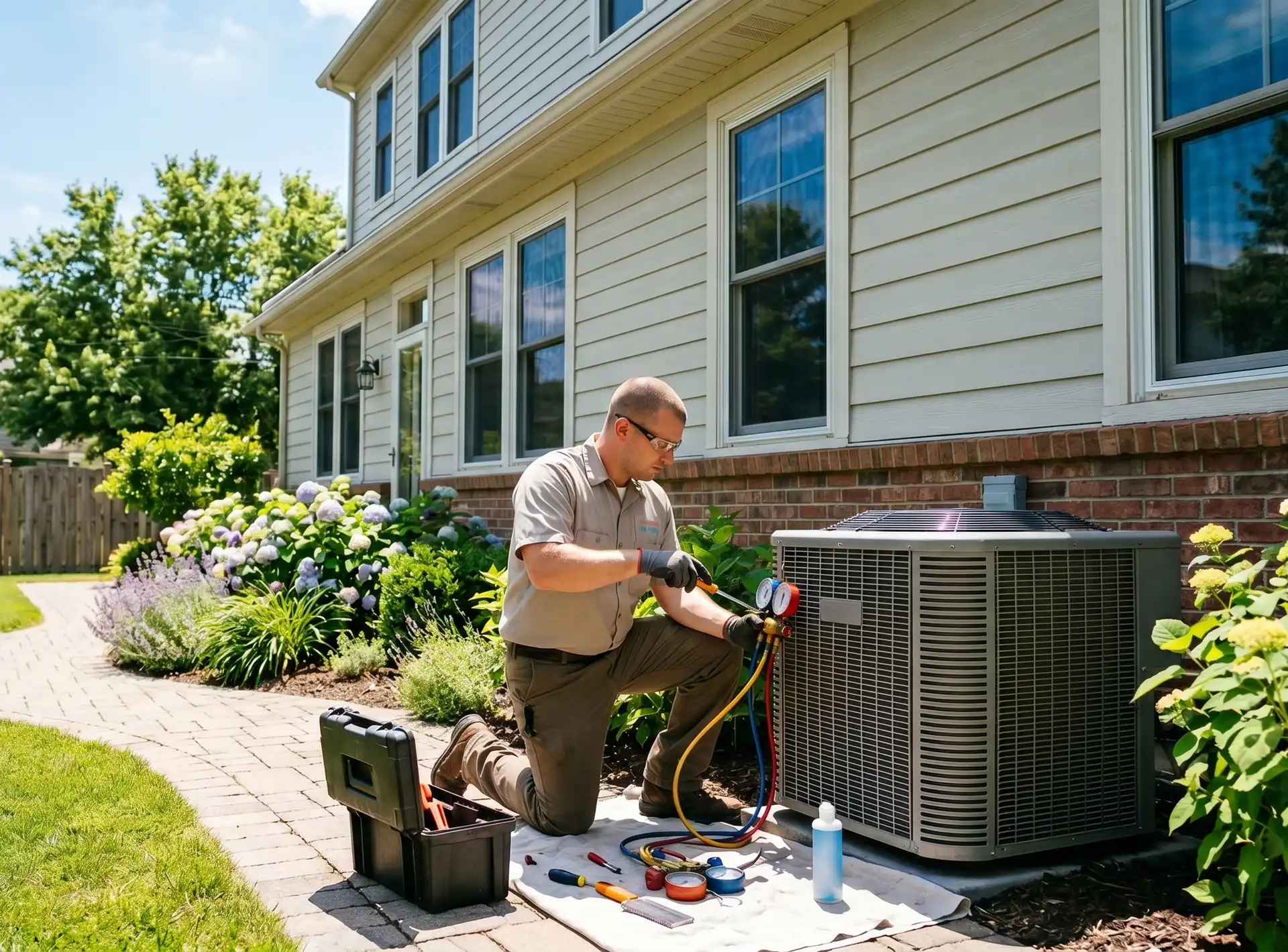 An HVAC technician conducting spring AC maintenance.